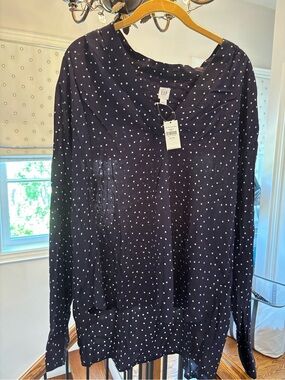 GAP Navy with White Polka Dot Long Sleeve Top, XL, longer at the back!
